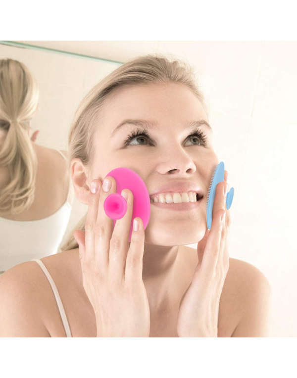 2-piece facial scrub set, soft silicone cleansing brush,  massage pores, remove blackheads and exfoliate scrub (pink + blue)