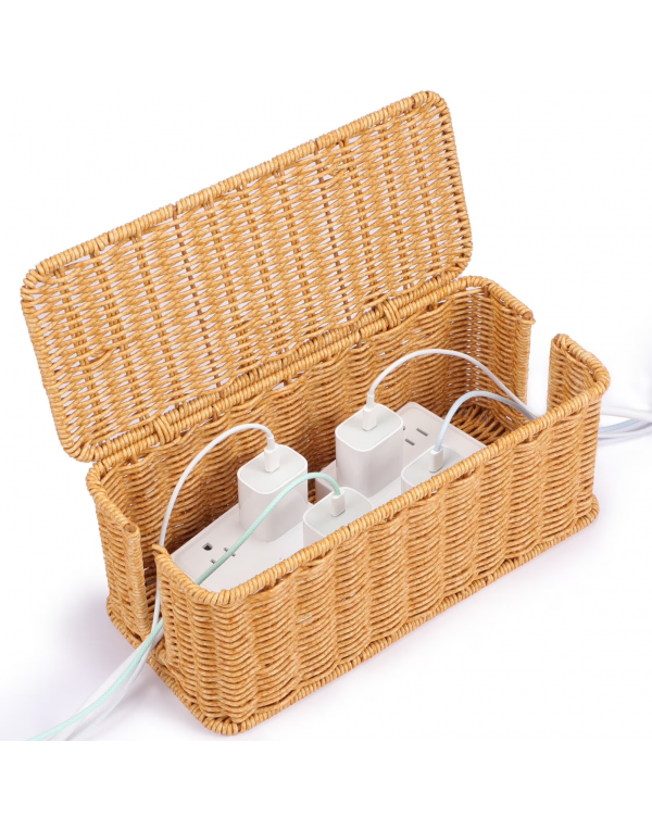 Rattan Cable Management Box - Desk Cord Organizer with Lid, Cord Hider for Home Office TV Wires