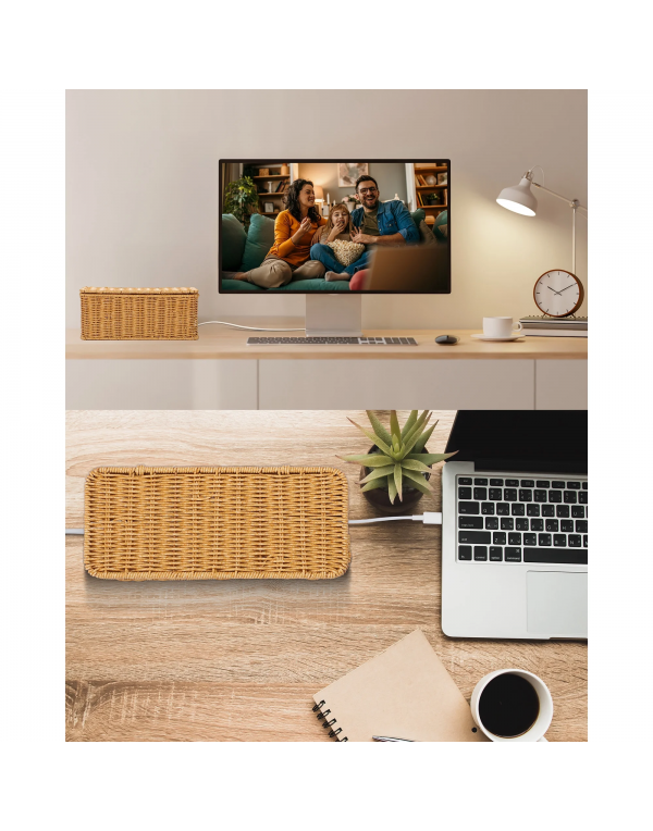 Rattan Cable Management Box - Desk Cord Organizer with Lid, Cord Hider for Home Office TV Wires