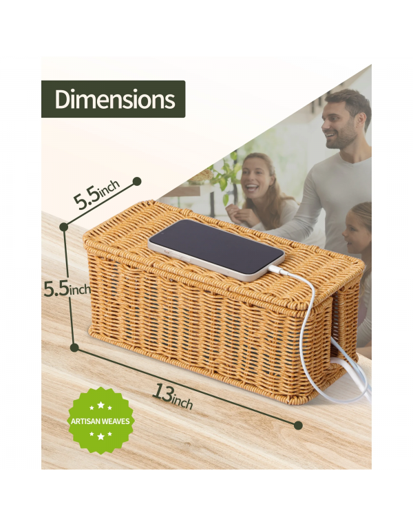 Rattan Cable Management Box - Desk Cord Organizer with Lid, Cord Hider for Home Office TV Wires