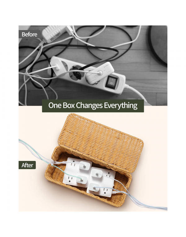 Rattan Cable Management Box - Desk Cord Organizer with Lid, Cord Hider for Home Office TV Wires