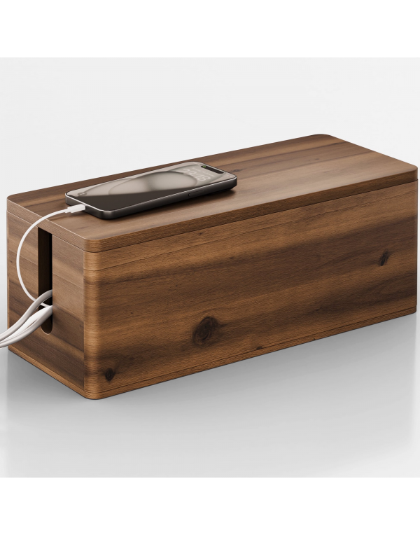 Acacia Wood Large Cable Management Box Round Edge , Cable Hider Box - 2 Open Slots, Magnetic Lid (Walnut Color)