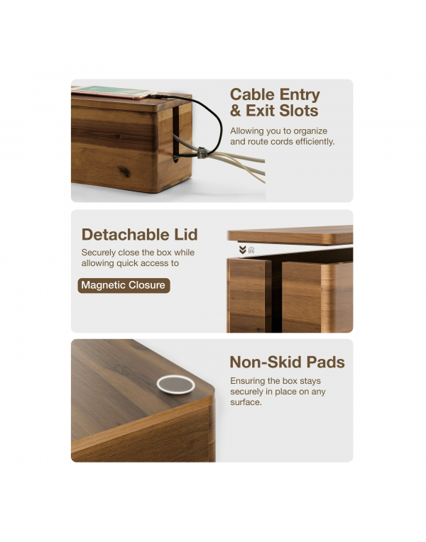 Acacia Wood Large Cable Management Box Round Edge , Cable Hider Box - 2 Open Slots, Magnetic Lid (Walnut Color)