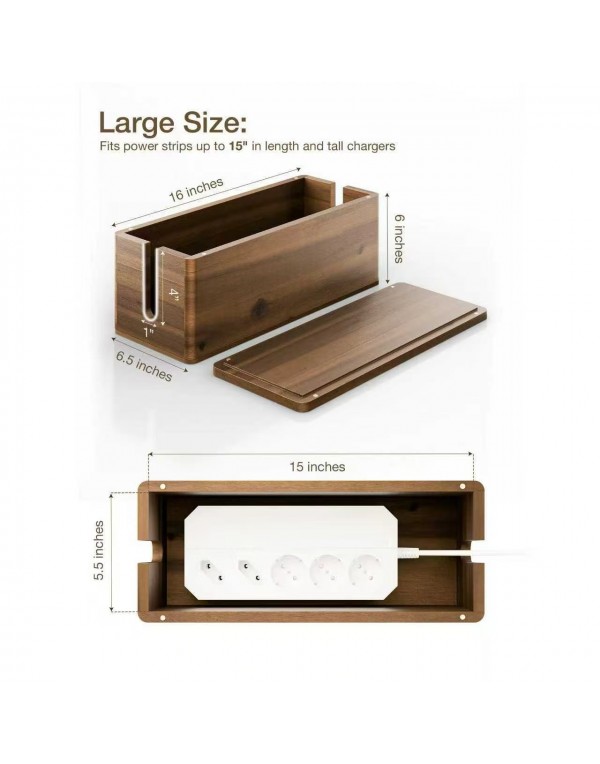 Acacia Wood Large Cable Management Box Round Edge , Cable Hider Box - 2 Open Slots, Magnetic Lid (Walnut Color)