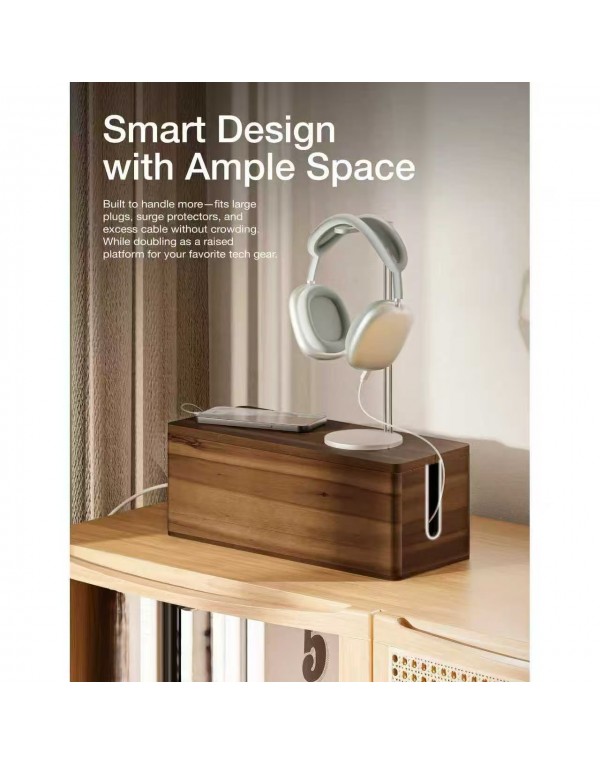 Acacia Wood Large Cable Management Box Round Edge , Cable Hider Box - 2 Open Slots, Magnetic Lid (Walnut Color)